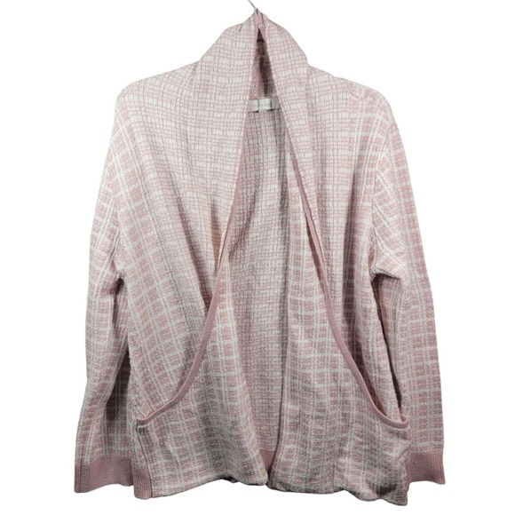 Verve Ami Plaid Open Front‎ Cardigan Sweater Pink White Pockets Women's Medium - Picture 1 of 6